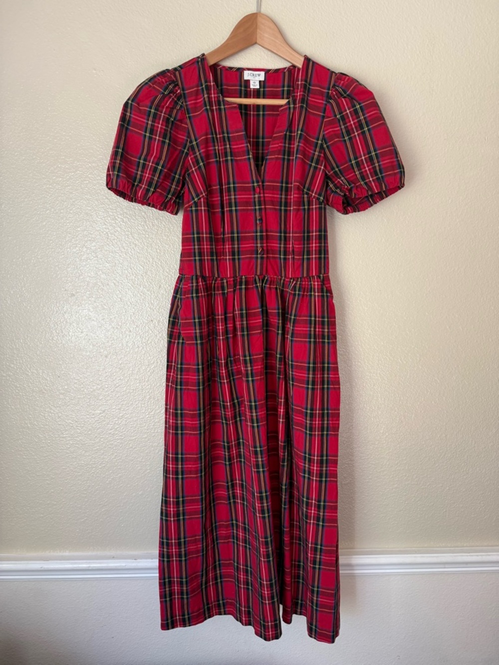 J. Crew Red Plaid Puff Sleeve Midi Dress